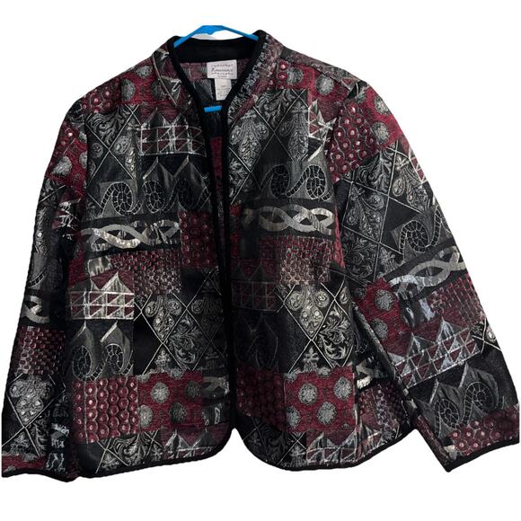 Vtg Renaissance Tapestry Patchwork Jacket Size 2XP Black Maroon Silver Open - Picture 1 of 12